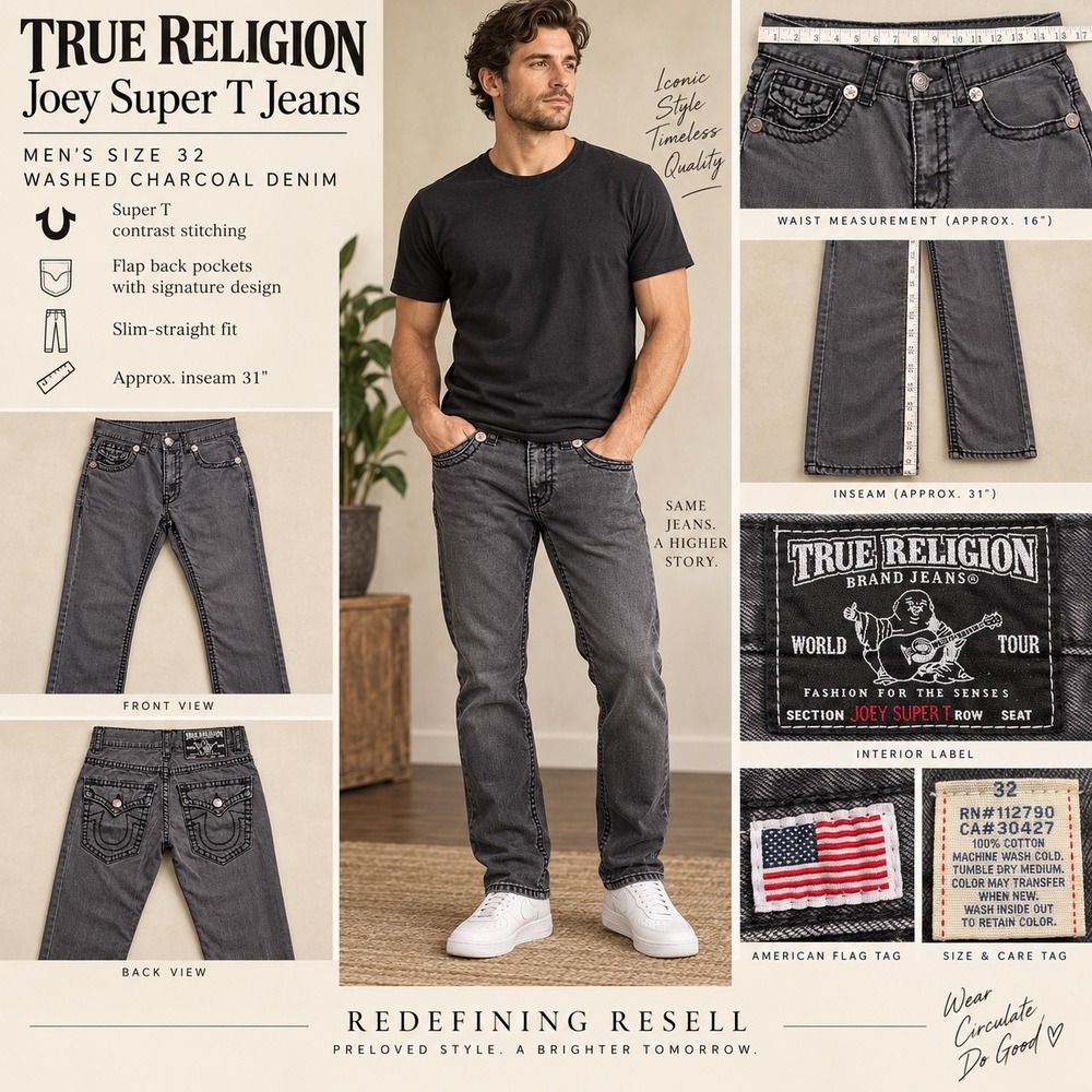 True Religion Joey Super T Mens Jeans 32 Washed Charcoal Gray Slim Straight USA